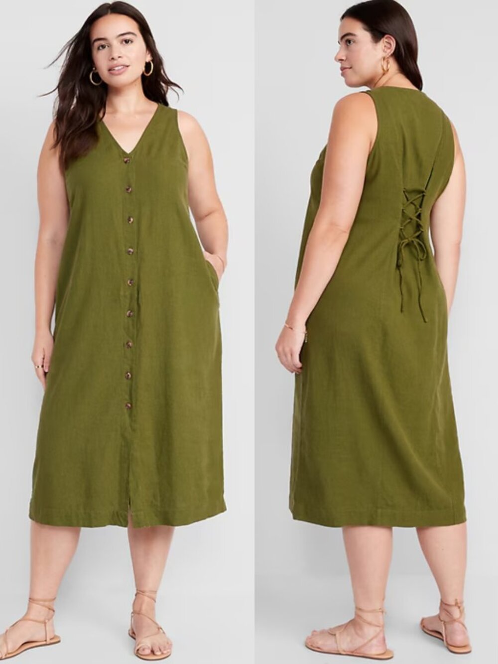 Old Navy Sleeveless Linen Blend Midi Dress Button Front Tie Back Size XXL